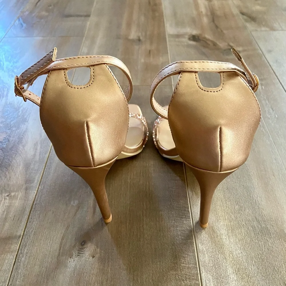 Open Toe Ankle Strap Rhinestone Band Dress Sandal Stiletto High Heel in Gold